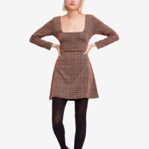Free People Plaid Square-Neck Mini Dress in Brown